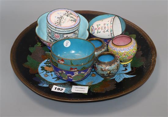 A Japanese cloisonne enamel dish and Canton enamel wares, 18th / 19th century